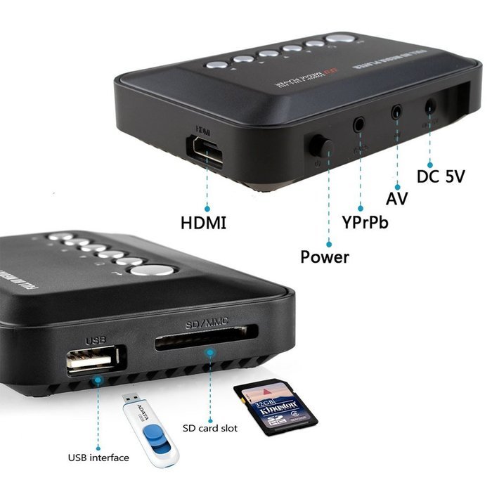 UVIA 1080P Full HD Multi TV Media Player HDMI Video Player with YPbPr USB 2.0 SD and HDMI Ports MP3 AVI RMVB MPEG... N4