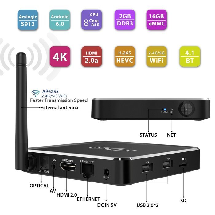 TICTID T12 (MXQ PLUS) Android 6.0 Marshmallow 4K TV Box Amlogic S912 Chipset [2G DDR3/16G eMMC] with 2.4G/5G Dual... N2
