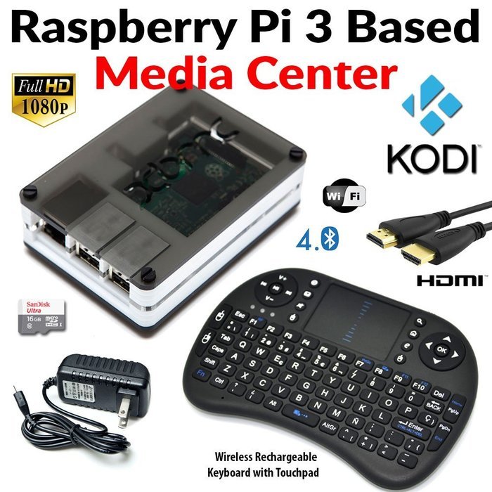 Raspberry Pi 3 Based - Extreme Xbmc Kodi Media Center - B/W Case - Bundle with Wireless Keyboard/Touchpad