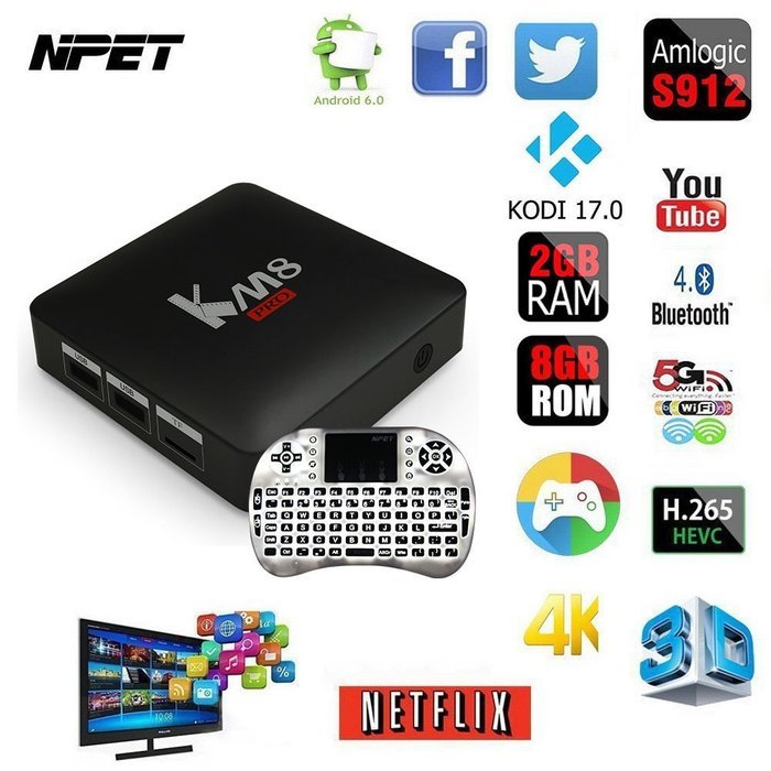(Backlit Keyboard) NPET KM8 PRO Amlogic S912 Android 6.0 Octa Core TV Box 2GB 8GB Kodi 17.0 Streaming Media Player...