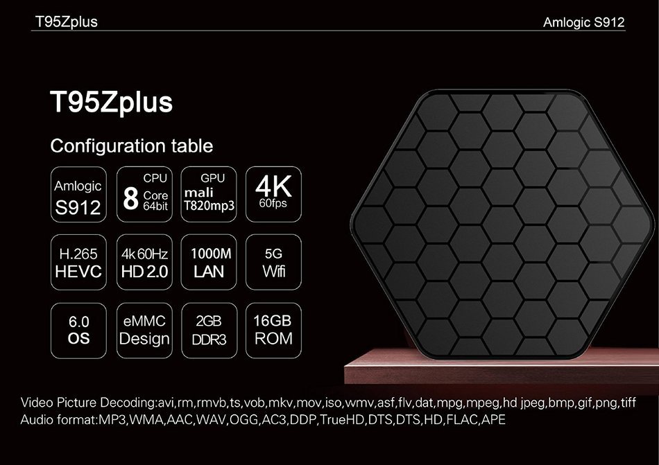 Epteam T95Z plus S912 Octa-core CPU Android 6.0 TV Box 2GB Ram+16GB Rom WIFI 2.4G/5.0G Bluetooth Pre-installed... N7