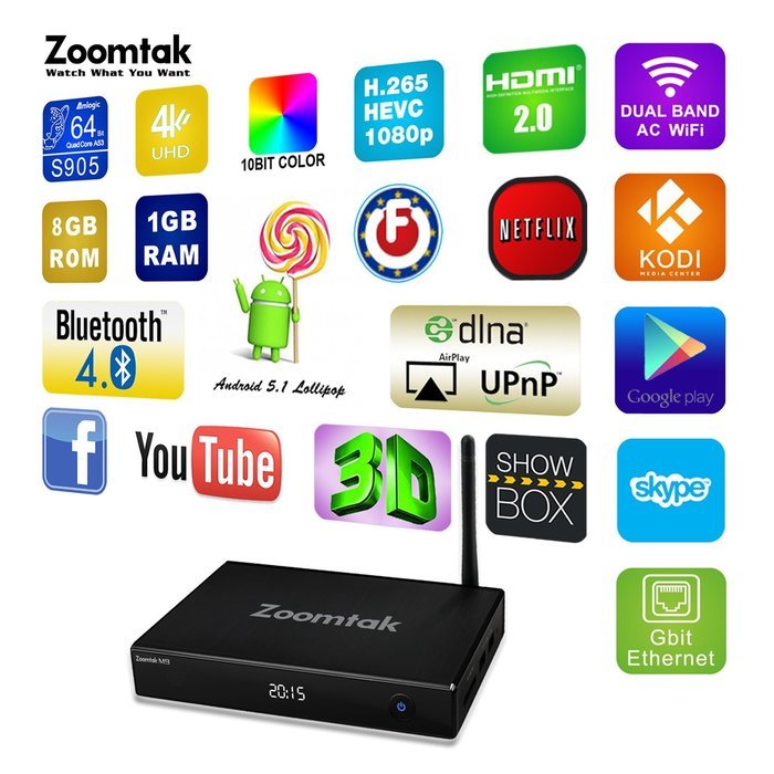 Android 5.1 TV BOX Zoomtak M9 Amlogic S905 Quad Core 1GB 8GB Kodi 16.1 Dual Band AC WiFi Bluetooth 4.0 Gigabit...