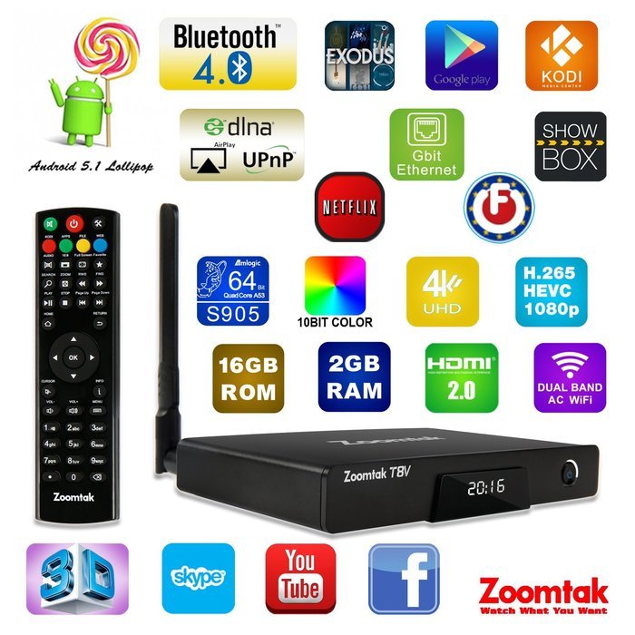 Zoomtak Android TV BOX T8V Amlogic S905 Quad Core Chipset Android 5.1 Lollipop 2GB RAM 16GB eMMC Dual Band AC...