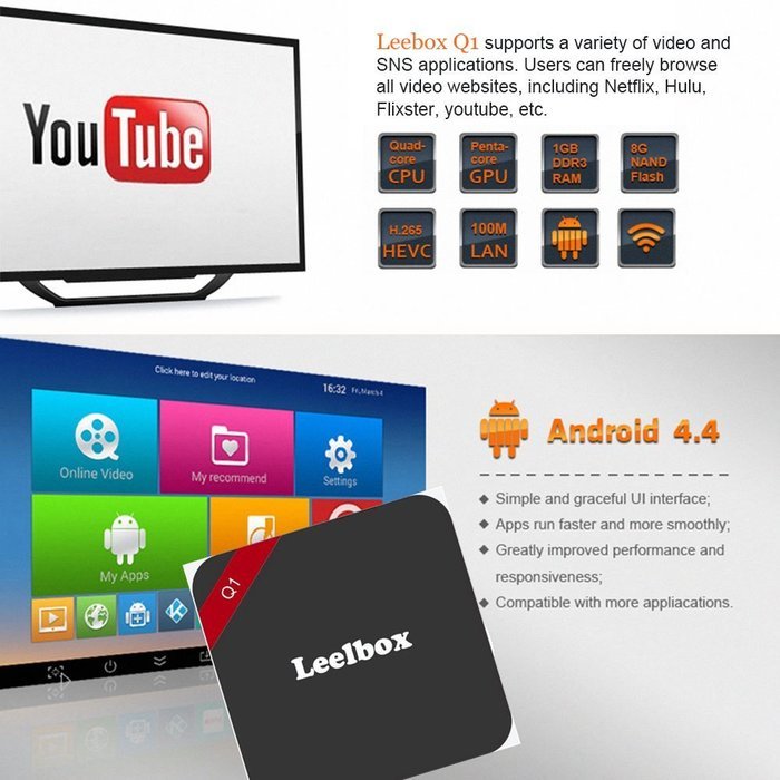 LeeIbox Q1 4K Android TV Box (1G/8G RK3229 Quad-core Cortex A7 1.5GHz Mini PC Miracast) N3