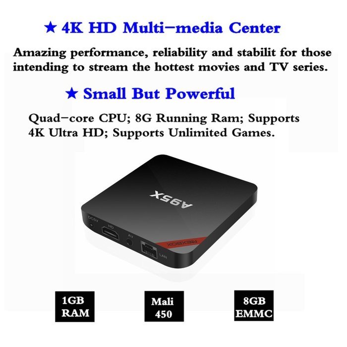 Wayer Android 6.0 4K TV Box A95X Amlogic S905X Quad Core Cortex A53 2.0GHz 64bit 1GB+8GB KODI 16.1 Full Loaded... N5