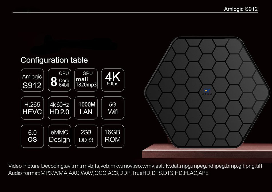 Orow GT01 4K HD TV Box -- Android 6.0 Amlogic S912 Octa Core 2GB RAM 16GB ROM Kodi 16.1 Preloaded Dual WiFi 2.4G... N6