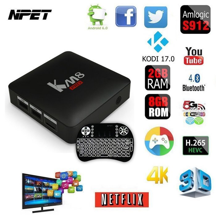 (Backlit Keyboard) NPET KM8 PRO Amlogic S912 Android 6.0 Octa Core TV Box 2GB 8GB Kodi 17.0 Streaming Media Player... N5