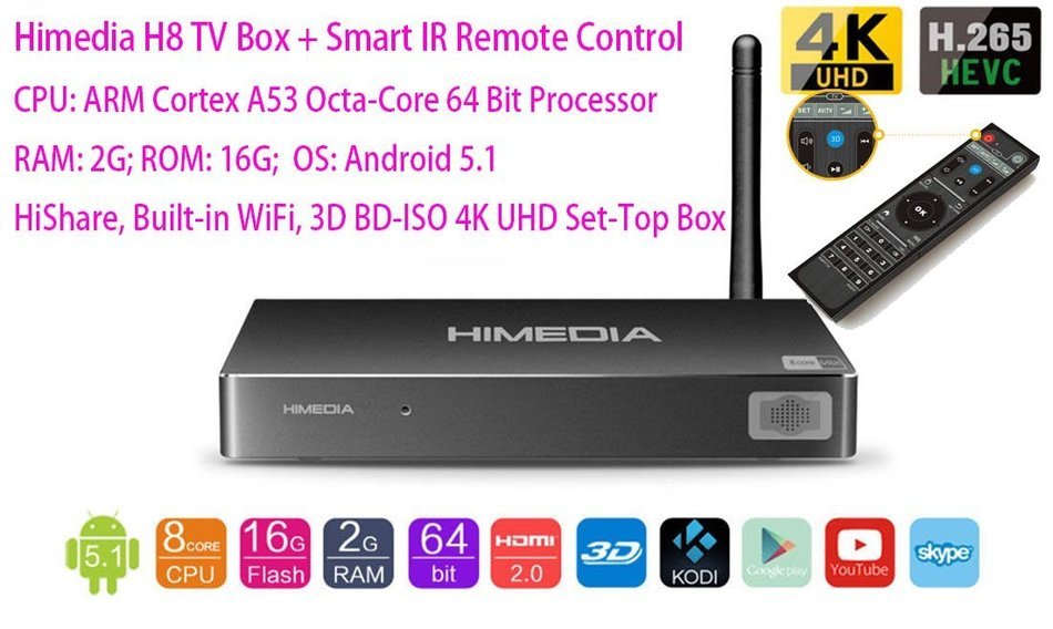 Luckymall 2015 100% NEW HIMEDIA H8 Octa Core 64 Bit Android 5.1 TV Box: ARM Cortex A53 CPU, 2GB RAM 16GB ROM HDMI...