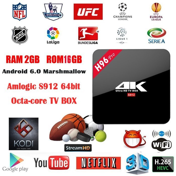 H96 Pro Smart TV Box Amlogic S912 8 core H.265 4K Media Player Android 6.0 2G/16G with Kodi 17.0 Google Playstore...