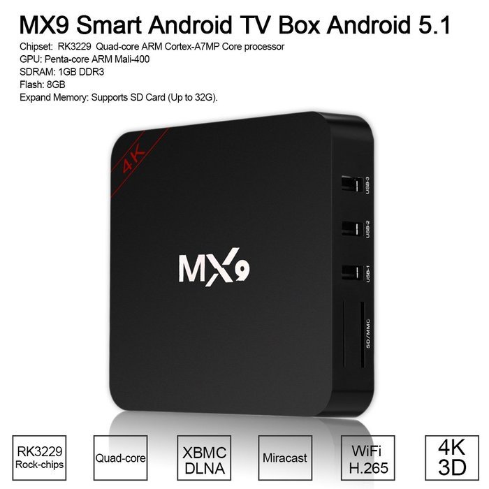Vipwind MX9 Smart Android TV Box Android 5.1 Rock-chips RK3229 1G/8G Quad-core XBMC 4K 3D WiFi H.265 DLNA Miracast... N8