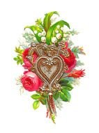 painted vintage heart on the background of a bright bouquet of flowers