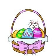 painted basket with colorful easter eggs and white rabbit