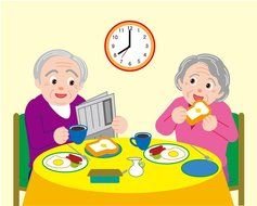 painted elderly couple having breakfast at the table