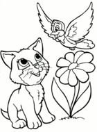 drawn kitten and bird over a flower in a coloring book