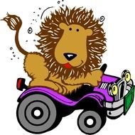 cartoon brown lion on a purple car