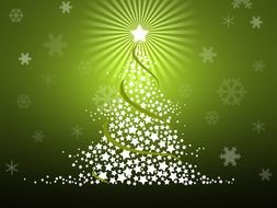 Christmas Tree composed with white stars at green background, drawing