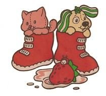 drawing on fabric puppy and kitten in a boot