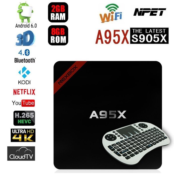 NPET NEXBOX A95X Android 6.0 TV Box S905X 2GB 8GB Kodi 16.0 Bluetooth 4k 3D WIFI with White Wireless Keyboard