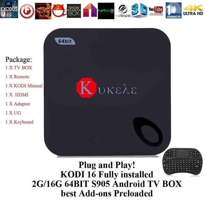 Kukele Fully Unlocked Loaded XBMC KODI 2GB/16GB Quad Core 64bits Android 5.1 Lollipop IPTV TV Box - Plug & Play...