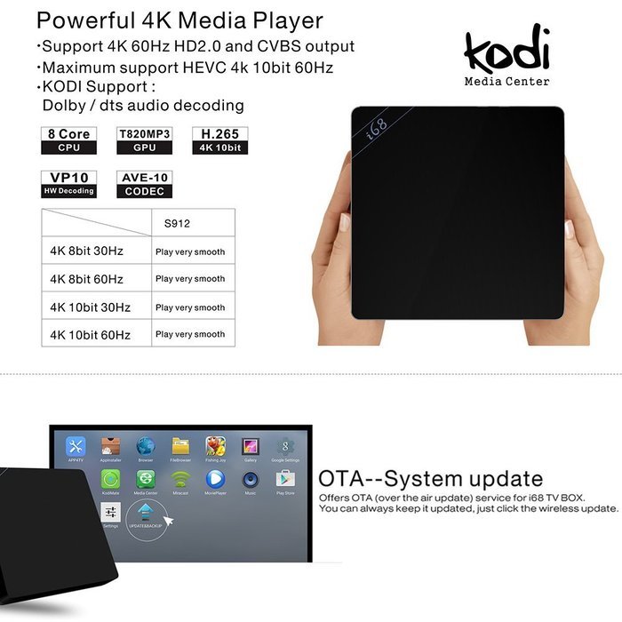 Docooler i68 Smart Android 6.0 TV Box (Amlogic S912 Octa Core 64bit 2GB / 16GB KODI16.1/XBMC VP9 UHD 4K HDMI 1000M... N4