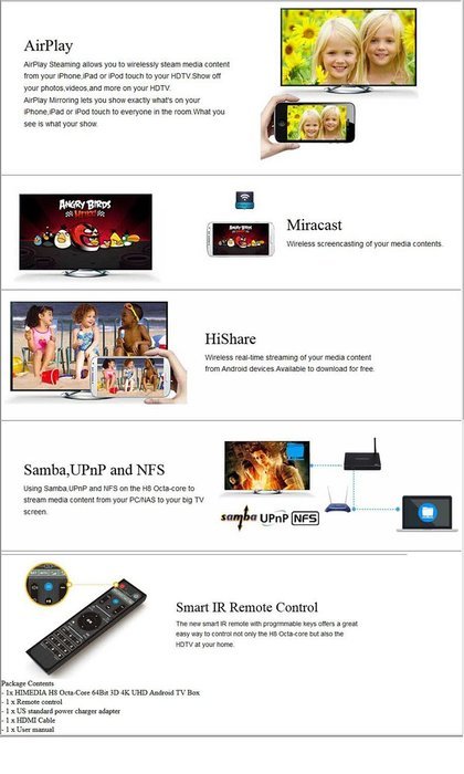 Wangang HiMedia H8 64bit Octa-Core Android 5.1 Lollipop TV Box 2GB RAM 16GB ROM RK3368 chipset with 4K60, 3D,... N8