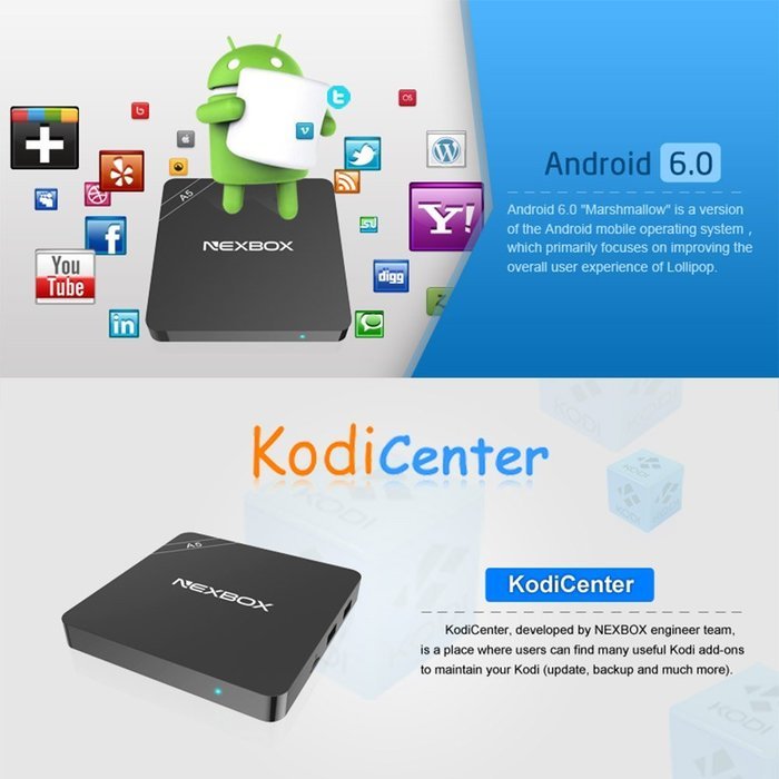 Docooler NEXBOX A5 Smart Android 6.0 TV Box Amlogic S905X Quad Core 64bit 2GB / 16GB KODI16.1 XBMC VP9 UHD 4K... N6