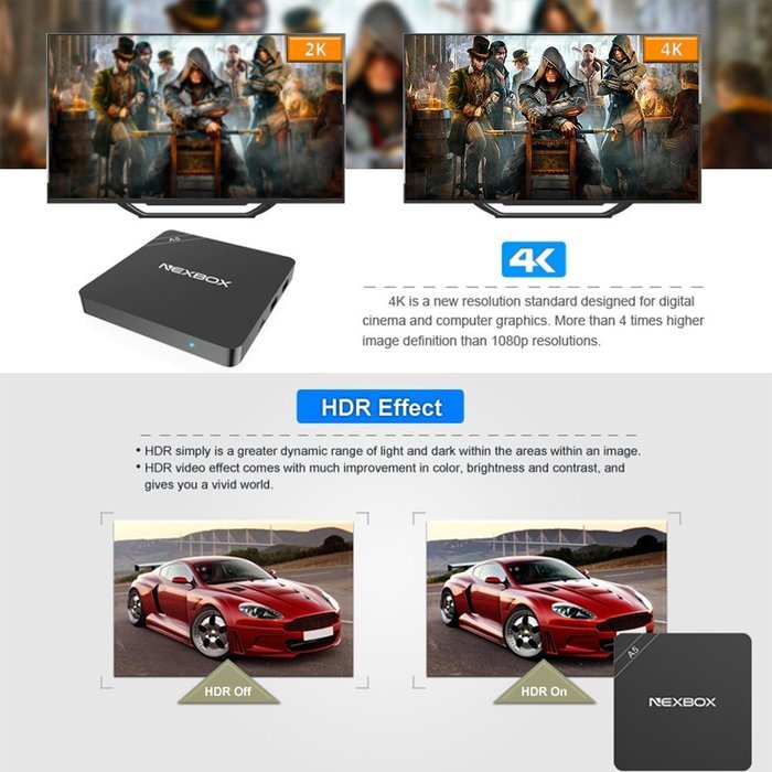 Docooler NEXBOX A5 Smart Android 6.0 TV Box Amlogic S905X Quad Core 64bit 2GB / 16GB KODI16.1 XBMC VP9 UHD 4K... N8