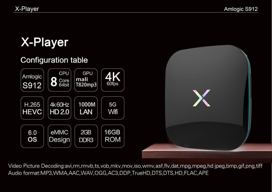 X-player S912 Octa-Core Cortex A53 2.0GHz 2GB+16GB Dual-Band WiFi Kodi 10/100M LAN Android 6.0 4K2K HD TV Box... N3