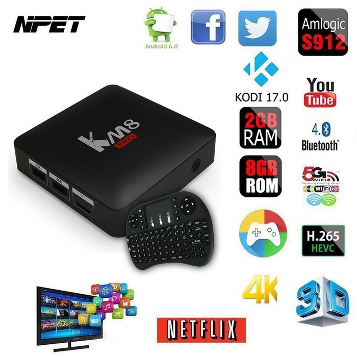 NPET KM8 PRO Amlogic S912 Android 6.0 Octa Core TV Box 2GB 8GB Kodi 17.0 Streaming Media Player Support 2.4G/5G... N8