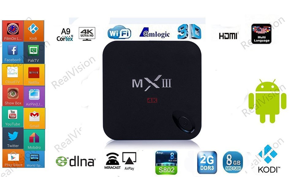 RealVision&reg;MXIII Smart Tv BOX Android Support Airplay Miracast Fly Air Mouse Keyboard Pre-installed Kodi/ Xbmc...