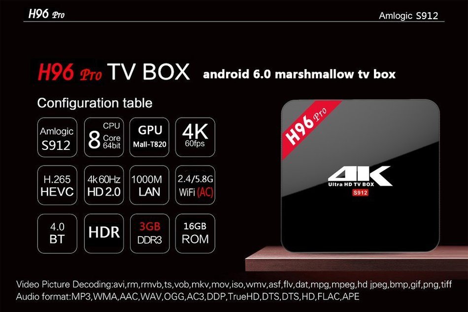 Android 6.0 Amlogic S912 Octa Core Marshmallow 3G 16GB H96 PRO TV BOX H.265 4K UHD 3D Kodi 17.0 Pre-installed...