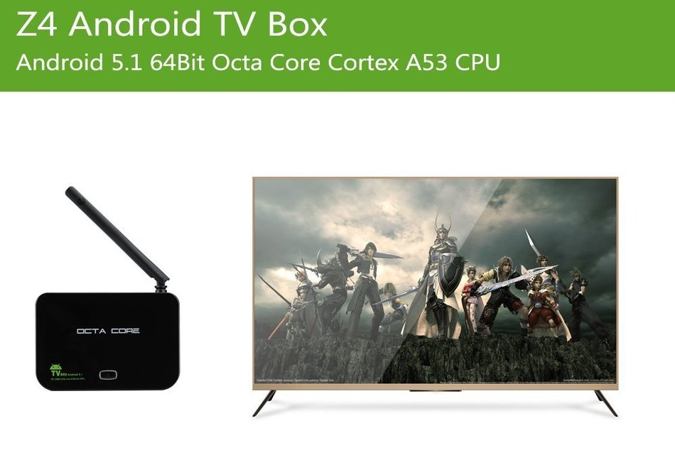 Z4 Android TV Box - Android 5.1, RK3368 64Bit Octa Core Cortex A53 CPU, Wi-Fi, DLNA, 2GB RAM + 16GB Memory, KODI N4