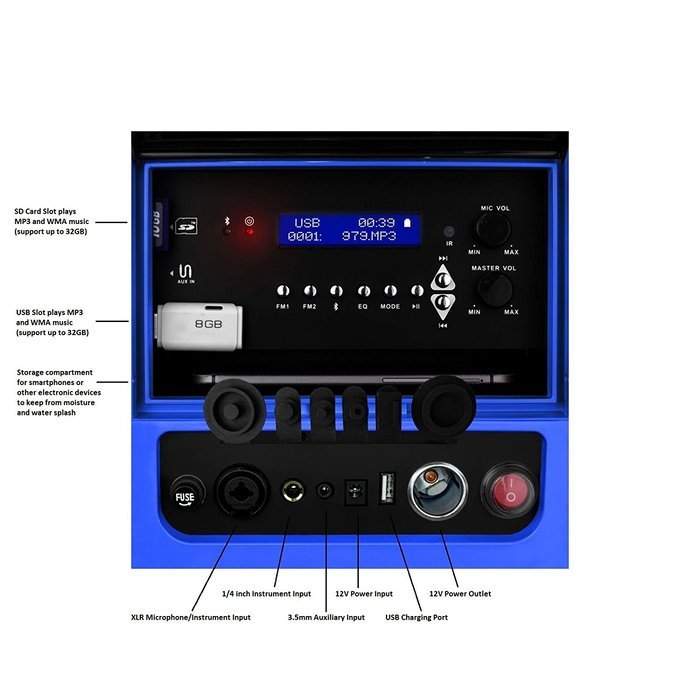 TUNES2GO CA-E065A KoolMAX Bluetooth 350-Watt Portable PA Speaker (Blue) N26