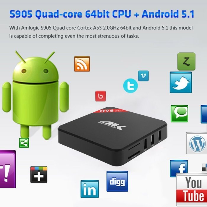 Docooler H96 plus Smart Android TV Box Android 5.1 Lollipop S905 Quad-Core 2GB / 16GB KODI 16.1 H.265 UHD 4K 2.4G... N4
