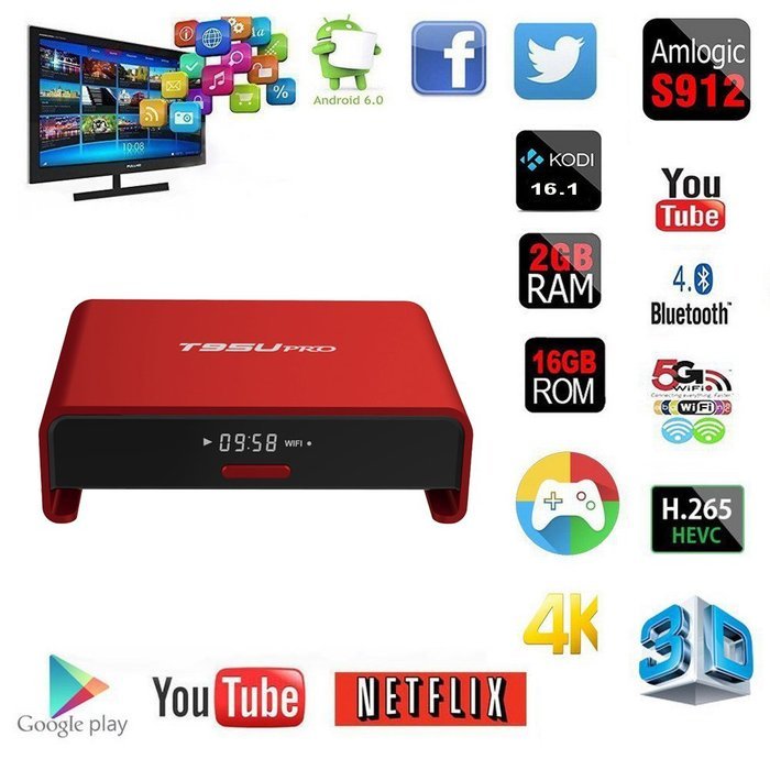 HUBEE T95Upro Android 6.0 TV Box S912 Octa Core 2GB DDR3+16GB WIFI HD Media Player TV Streaming Media Bluetooth...