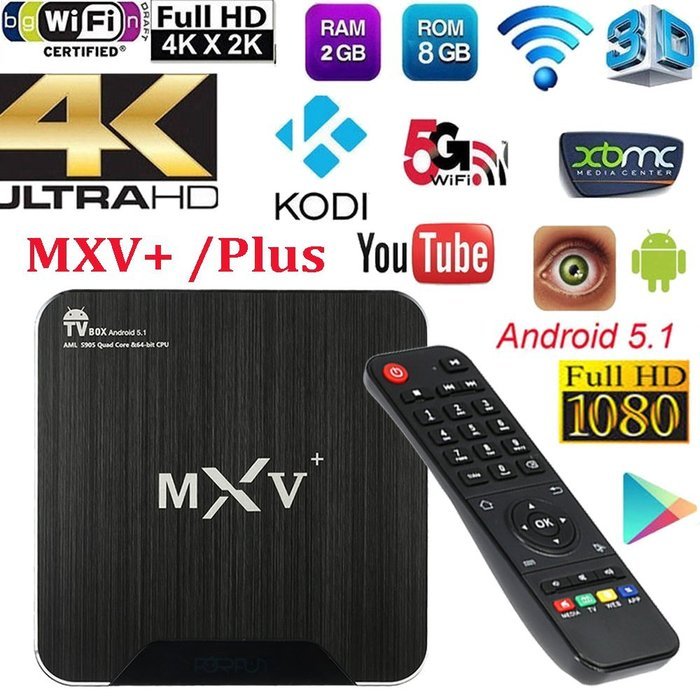 Vipwind MXV+ /Plus Smart Android 5.1 TV Box S905 Quad-Core 1G / 8G KODI XBMC 4K 3D WiFi H.265 Miracast Bluetooth4.0...