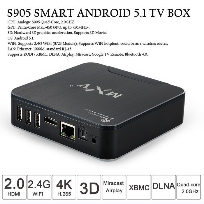 Vipwind MXV+ /Plus Smart Android 5.1 TV Box S905 Quad-Core 1G / 8G KODI XBMC 4K 3D WiFi H.265 Miracast Bluetooth4.0... N6