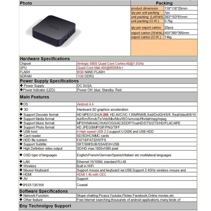MQX Android 4.4 TV Box Amlogic S805 Quad Core 1GB 8GB Kodi 15.2 3D Wifi HDMI HD 4K Fully Loaded Streaming Media... N8