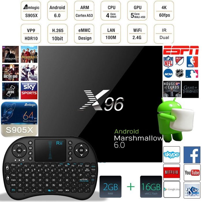 SEO X96 Android 6.0 Marshmallow Kodi 16.1 Amlogic S905X Quad Core 2G/16G 4k 60fps VP9 H.265 TV Box Streaming Media...