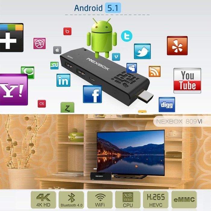 NEXBOX 809VI Smart Android TV Dongle Box Android 5.1 RK3368 Octa-Core 64 Bits 2G / 8G KODI XBMC UHD 4K 3D H.265... N5