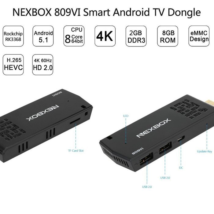 NEXBOX 809VI Smart Android TV Dongle Box Android 5.1 RK3368 Octa-Core 64 Bits 2G / 8G KODI XBMC UHD 4K 3D H.265... N7