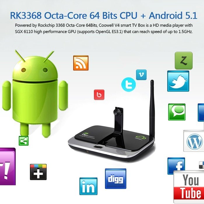 Docooler&reg; COOWELL V4 4K Android 5.1 TV BOX RK3368 Octa-Core 2G / 16G with KODI 16.1 64 Bits UHD Mini PC 2.4G /... N4