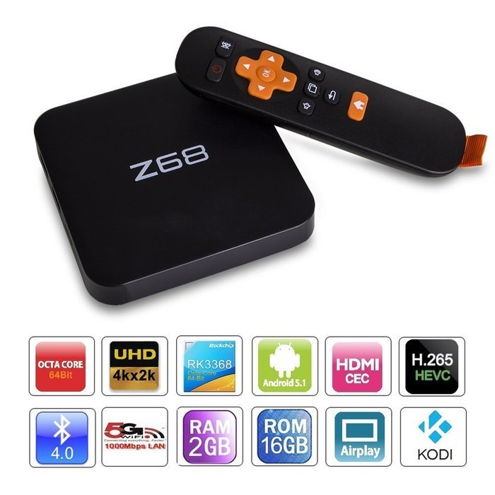 Z68 Android 5.1 Rockchip 3368 TV Box, 64Bit Octa Core 2GB 16GB, Support UHD 2K x 4K, IPTV OTT Smart Streaming...