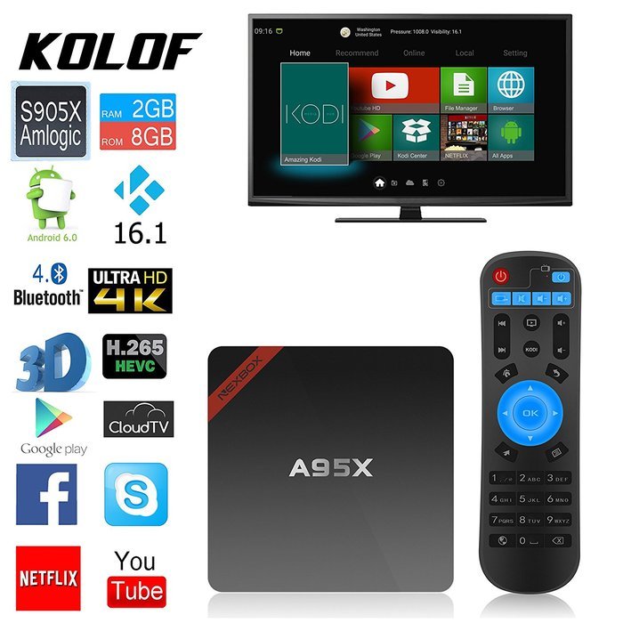 KOLOF NEXBOX A95X Amlogic S905X OTT TV Box 2G 8G Android 6.0 Kodi 16.1 Quad Core Streaming Media Player