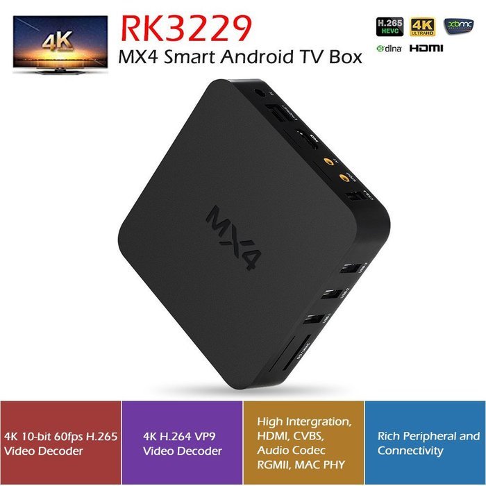 Vipwind MX4 Smart Android TV Box RK3229 Quad-core Cortex A7 1G/8G WiFi LAN 2160P XBMC DLNA UHD 4K2K 3D H.265 HD... N7