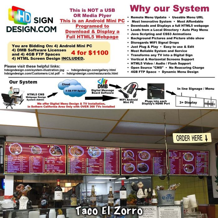 4 Complete System 4 Devices + 4 Screen Design for $1100 -- Digital Menu System with Android Mini PC, FTP & Software...