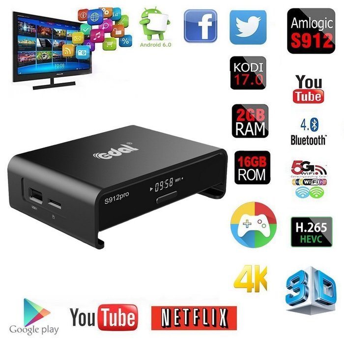 Spdoo S912pro 4K Android 6.0 TV Box Octa Core 2GB RAM 16GB Flash Dual Band Wifi 2.4GHz 5GHz Bluetooth 4.0 Internet...