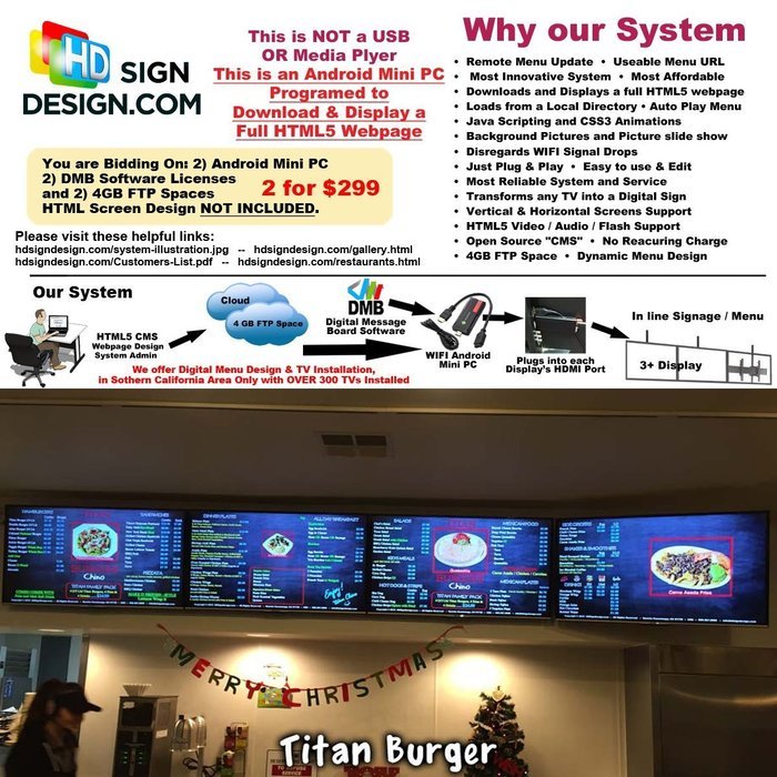 2 Devices for $299, Digital Menu System with Android Mini PC, FTP & Software, Bakeries, Coffee Shops, Pizzerias...