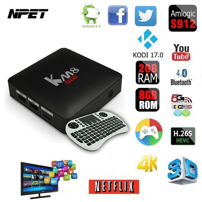 NPET KM8 PRO Amlogic S912 Android 6.0 Octa Core TV Box 2GB 8GB Kodi 17.0 Streaming Media Player Support 2.4G/5G... N10