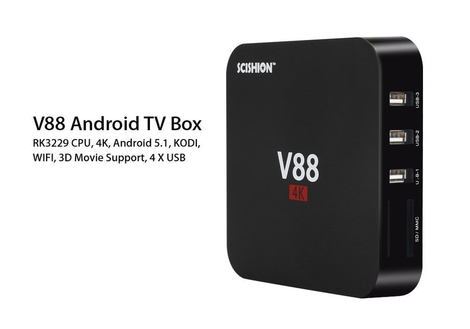 SCISHION V88 Android TV Box - RK3229 CPU, 4K, Android 5.1, KODI, WIFI, 3D Movie Support, 4 X USB, SD Card Slot